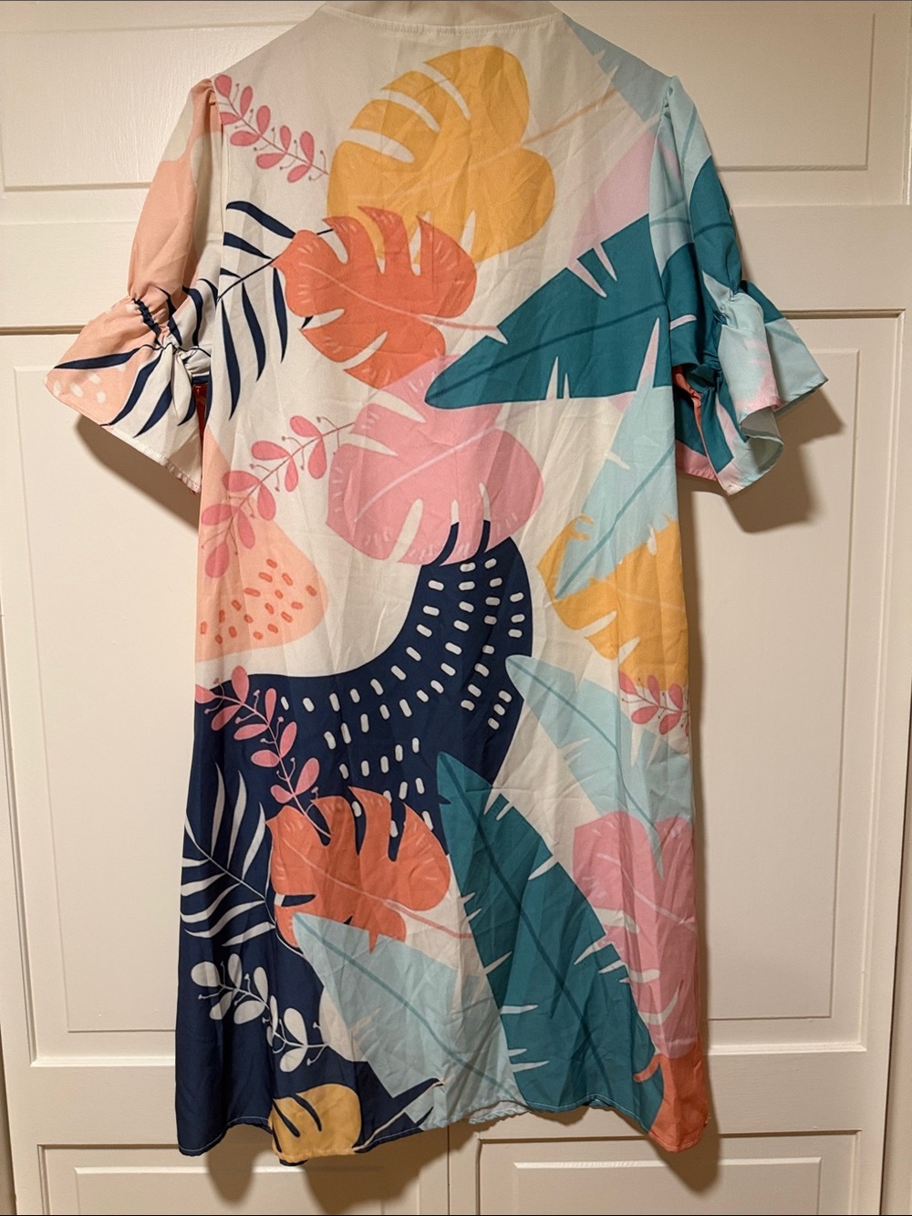 Colorful Tropical Short Sleeve Shift Midi Deep V Neck Dress-Teal & Coral Accents - Picture 7 of 9